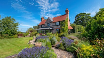 Obraz premium A classic English house with a vibrant garden full of purple flowers and lush greenery during a sunny day