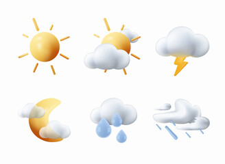 Different Weather Icons 3D. Vector dark clouds with snow, rain, lightning and sun. Thunderstorm clouds. Temperature, weather condition user interface UI icons. Clouds, wind symbol, raindrops