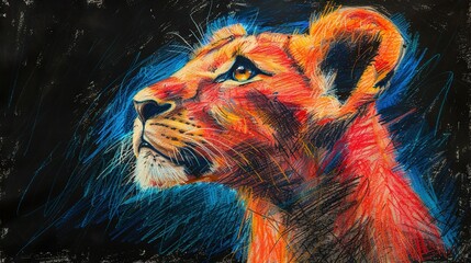  A lion's face in shades of gray and yellow, drawn on a dark background with colored pencils and pastels