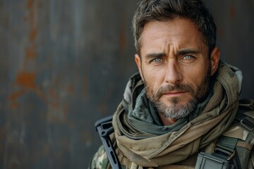 Obraz premium A close-up shot emphasizes a soldier's determined look and rugged features against a faded background
