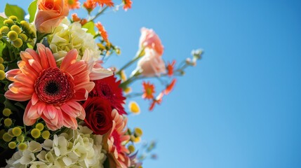 An array of beautiful flowers with a blue sky background, showcasing a mix of colors and types