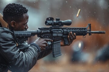A focused sniper with a high-precision rifle is captured mid-shot, the expelled bullet casing mid-air intensifying the action shot