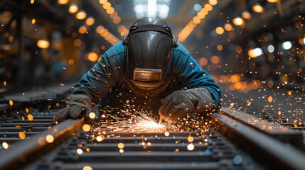 Fototapeta na wymiar Man wearing safety helmet while welding in the factory