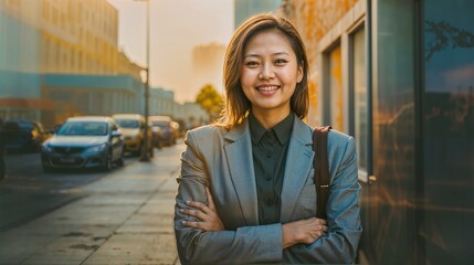 Young happy pretty smiling professional business woman, Asian woman standing outdoor on street arms crossed, looking at camera, Corporate website header with copy space, Generative AI