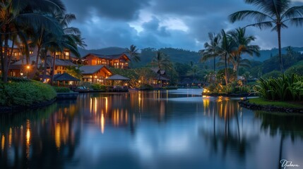 Obraz premium An opulent resort with a reflective river running through lush greenery under the evening sky with clouds billowing