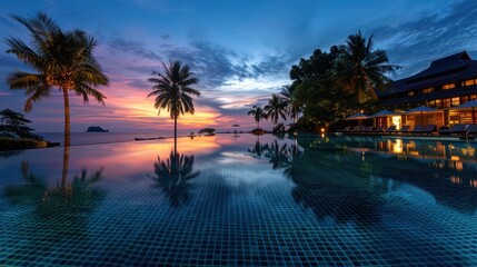 Obraz premium Magnificent view of an infinity pool with calm ocean waters against a backdrop of a vivid twilight sky and silhouettes of palm trees