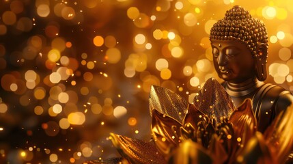 Selective focus of buddha statue with soft lighting effect and glitter abstract background with bokeh defocused lights. Concept of peace, meditation, hope and relaxation.