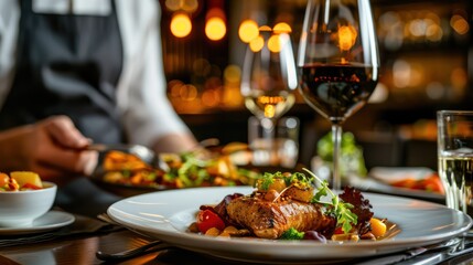 A chef delicately plating a sophisticated dish, capturing the essence of fine dining with a focus on presentation and culinary art