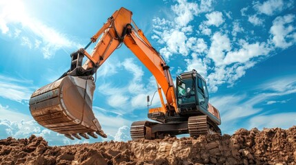 excavator blue sky heavy machine construction site. Creative Banner. Copyspace image