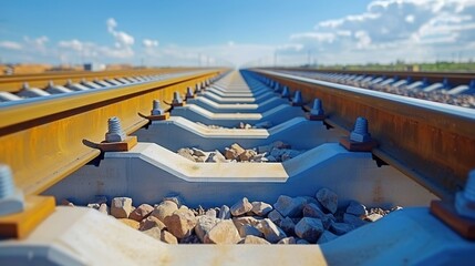   A close-up photo of a train track, with pebbles in the foreground and a cloudy sky in the backdrop