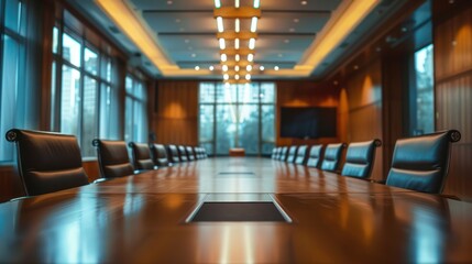 Image of a classy empty boardroom with a long table, leather chairs, blurred background giving emphasis on the table's surface