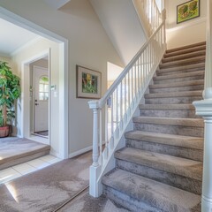 Entrance of a modern home with a stylish staircase and welcoming, sunlit ambiance creating a homely atmosphere
