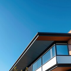 A contemporary house with striking geometric lines and a clear blue sky, emphasizing modern architectural design