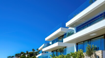 Obraz premium White, contemporary beachfront apartments with lush greenery under a brilliant blue sky illustrate opulence