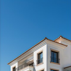 Obraz premium A traditional white Mediterranean style building with terracotta roof tiles set against a clear blue sky