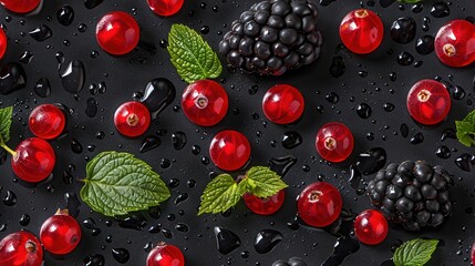   Blackberries, raspberries, and raspberry leaves on black surface with drops of water