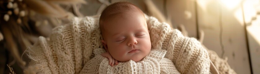 A newborn rests peacefully in a warm basket, embraced by knitted blankets and sunlight's gentle caress