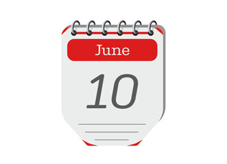 10 june creative calendar reminder page vector. Retro 3d one day calendar date appointment, deadline, event reminder illustration. Abstract red three dimensional daily date calendar.

