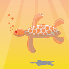 Vector illustration of a water turtle. A swimming water turtle with air bubbles coming from its mouth. Illustration in warm colors. Underwater life, carapace, turtle, shadow.