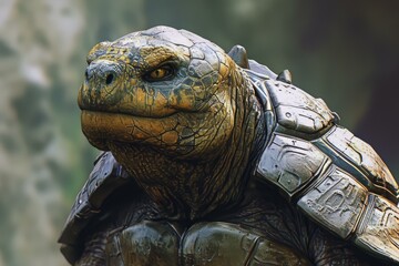 Obraz premium Durable Anthropomorphic armored turtle. War transformer tank shelled reptile tortoise. Generate ai