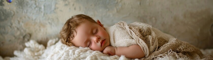A newborn in a soft wrap, sleeping on a cloud-like pillow, surrounded by gentle, dreamy nursery decor a tranquil moment
