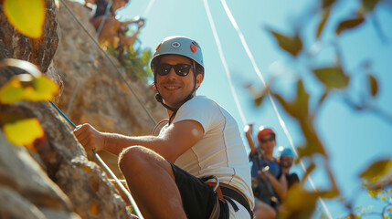 Employees enjoying a day of outdoor adventure activities, such as zip-lining and rock climbing, to build trust and teamwork. Stimulus and inspiration, respect and support, friendsh