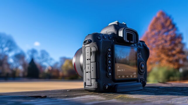 A professional DSLR camera set on a rustic wooden surface, with a blurred autumnal background