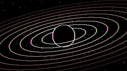 Retro pixel art solar system orbits. Cosmic background with 8-bit video game pixelated stars and planet rings. Digital space vector illustration © fim.design
