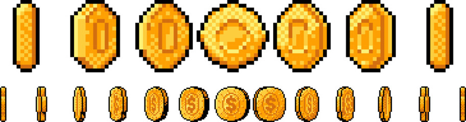 Animated pixel gold coin for 8-bit retro video game. Golden dollar cent 360 spinning animation loop frames, money for arcade gaming isolated vector illustration set