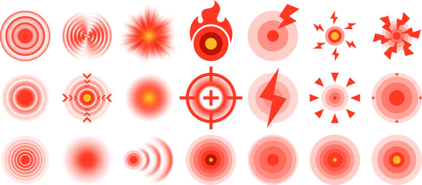 Pain source location. Red target ache mark and pain focus area symbols, sore spot indicator and hurt points isolated vector set
