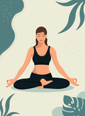 Young woman in the lotus position practices yoga.Physical and spiritual practice.Poster for yoga center.Vector illustration.