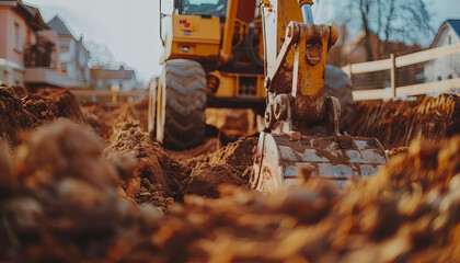 Fototapeta premium Yellow excavator working by digging a hole in the soil, dirty work.