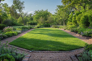 A sprawling, naturalistic lawn area surrounded by wild shrubbery and small flowering plants, resembling a meadow.