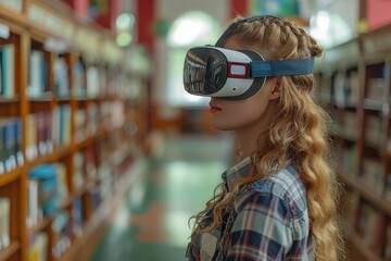 A young girl seen from the back wearing a virtual reality headset in a library setting with books