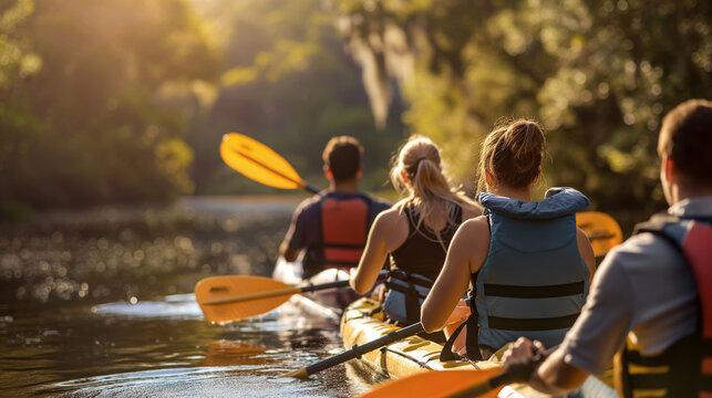 Employees organizing a team-building retreat focused on outdoor adventure activities, such as kayaking and hiking. Stimulus and inspiration, respect and support, friendship and tol - Powered by Adobe