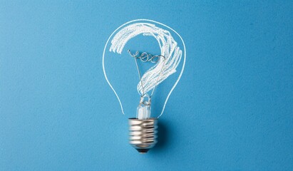 White drawing of question mark with light bulb on blue background