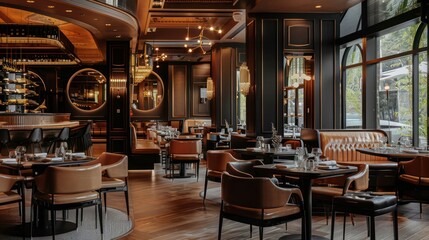 This inviting restaurant shows a sophisticated design with dark wood accents, leather chairs, and brass lighting creating a cozy, refined atmosphere