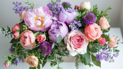 A stunning arrangement of peony pink and purple roses nestled in a box sits elegantly on a white table captured in a top down view with a soft focus background highlighting the lush greens 