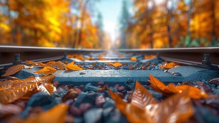 Obraz premium A train track surrounded by fallen leaves and a hazy image of trees and foliage on its sides