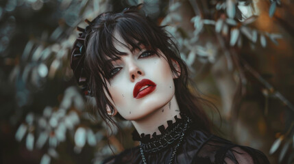 Portrait of a brunette Goth style inspired woman, fashion and make-up shoot. Gothic, Goth, Emo, New Wave, Dark style fashion. Dark smokey make-up, red lipstick. Dramatic. Elegant.