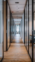 Obraz premium Perspective view of a long hallway with glass partitioned office spaces and modern wooden flooring