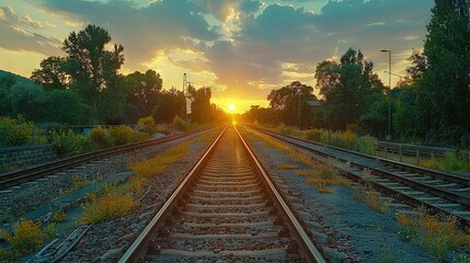   Train tracks at sunset, with the sun setting between them and trees in the background
