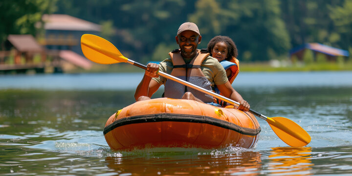Father and Child Kayaking on Serene Lake. Father and young daughter enjoy a sunny day kayaking together on a calm lake, with lush scenery in the background.