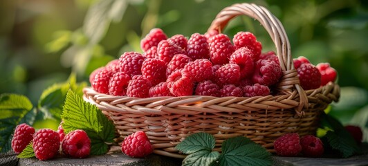 raspberry in basket photography. Freshly harvested raspberries nestled in a charming basket. This horizontal banner poster showcases the bounty of a fall garden with vibrant raspberries