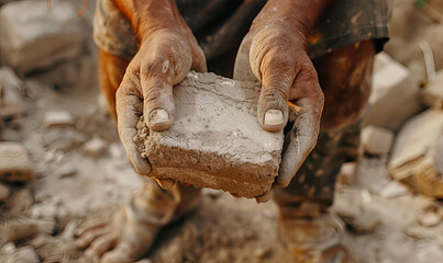 A close up of the housebuilder hands holding concrete bricks, use for the build house.