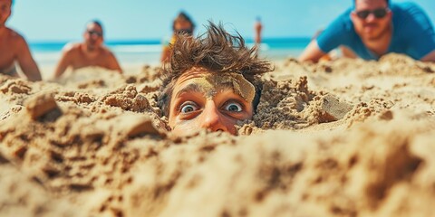A playful scene on the beach with a man buried in sand, showing only his head, as friends gather around, enjoying the sunny day.