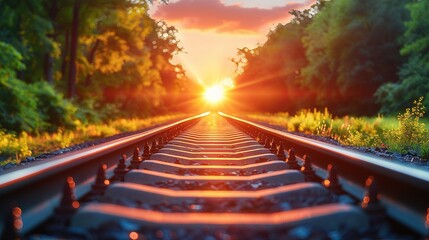   A train track with the sun setting on one side and trees on the other