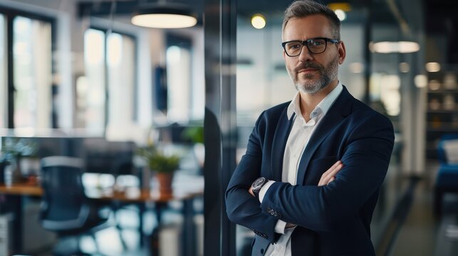 A well-dressed businessman stands confidently in a contemporary office setting, arms crossed