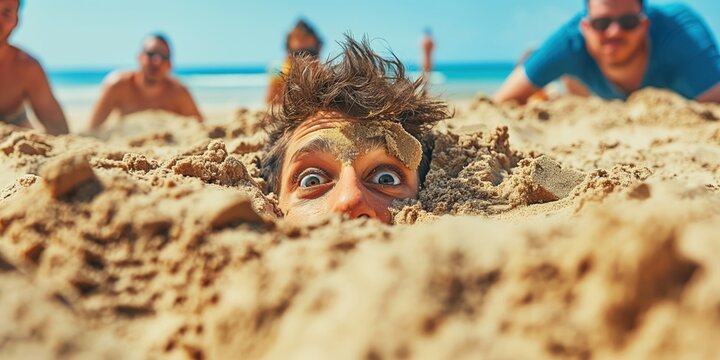 A playful scene on the beach with a man buried in sand, showing only his head, as friends gather around, enjoying the sunny day. - Powered by Adobe