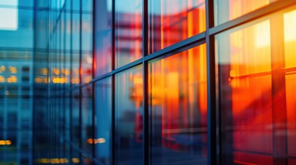 The sun setting behind a sleek glass building facade, reflecting warm orange hues and a corporate ambiance